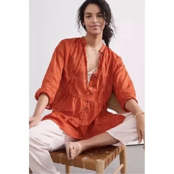 Anthropologie Tops - Anthropologie Pilcro Womens S Orange Diamond Embroidered Tiered‎ Tunic Top Boho